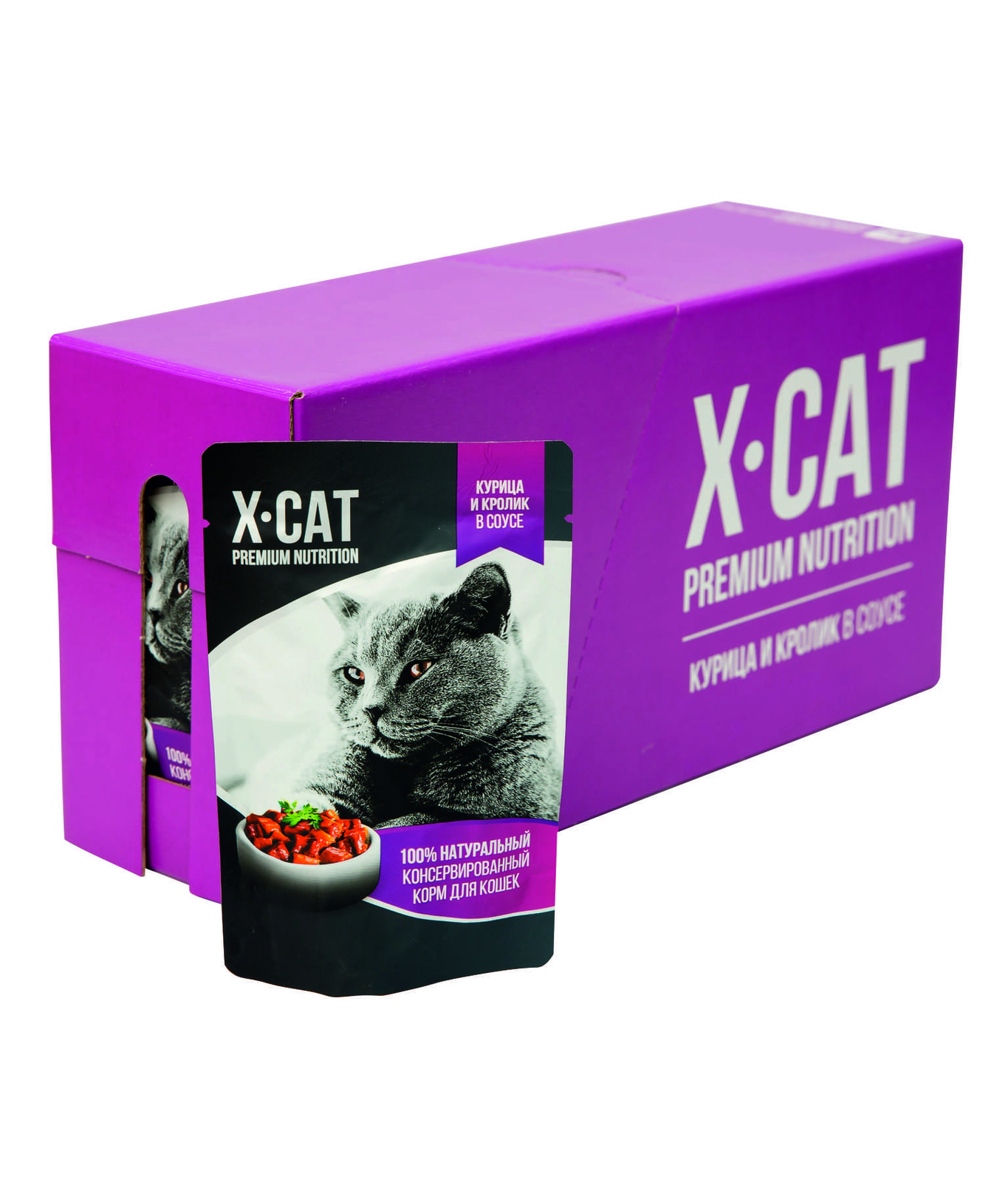 Влажный корм для кошек X-CAT Premium Nutrition с курицей и кроликом в соусе, 24шт по 85г