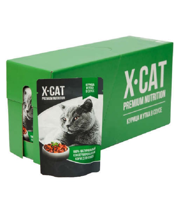 Влажный корм для кошек X-CAT Premium Nutrition с курицей и уткой в соусе, 24шт по 85г