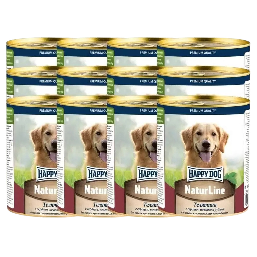 Консервы для собак Happy Dog NATUR LINE, печень, телятина, сердце, рубец, 12шт по 970г