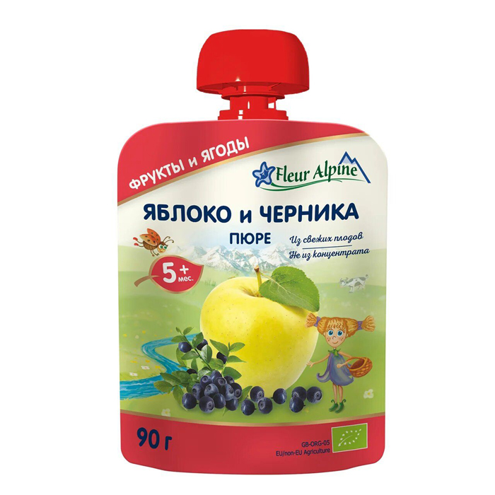 Пюре фруктовое Fleur Alpine Яблоко и черника с 5 мес. 90 г, 1 шт.