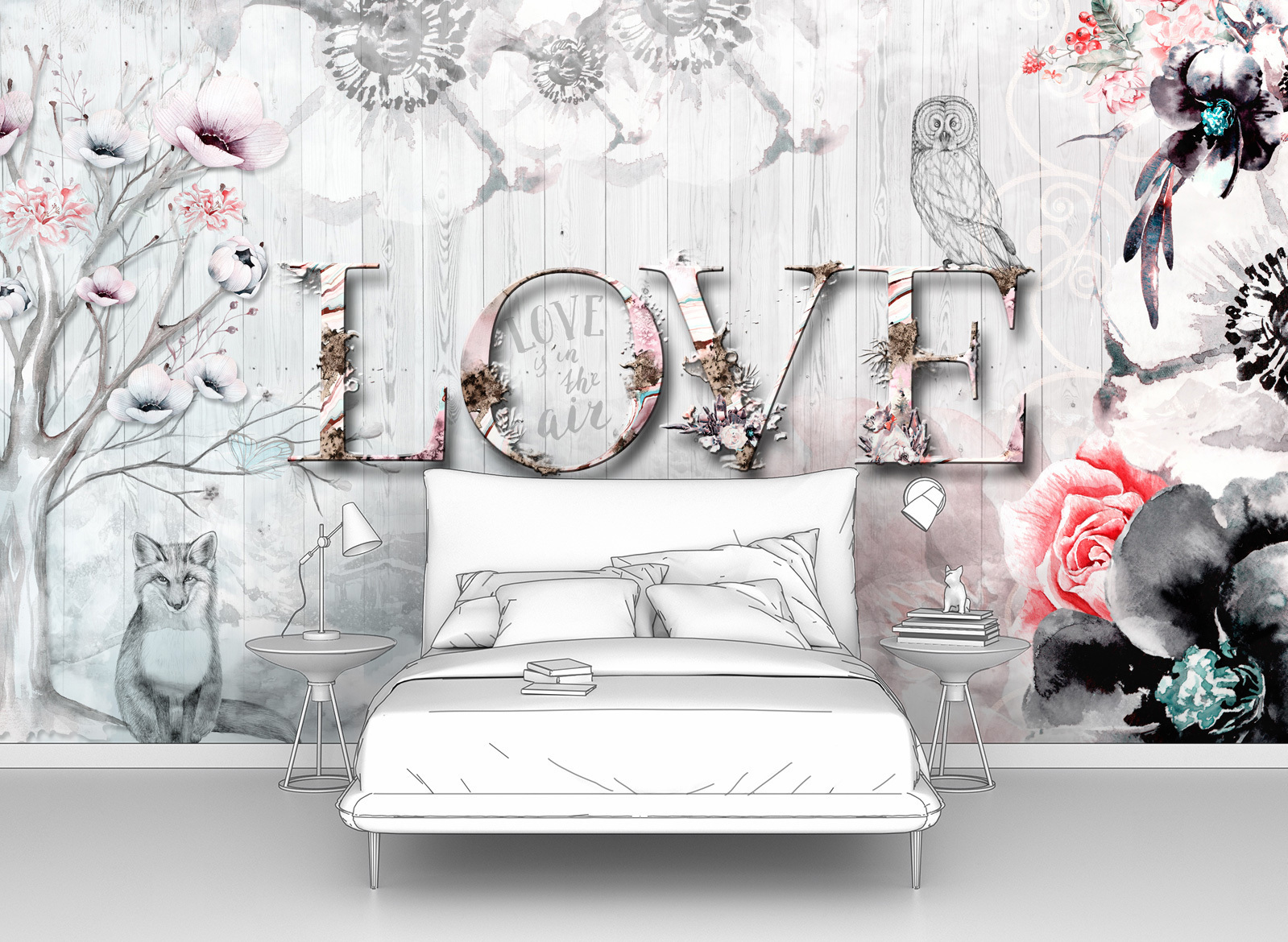 

Фотообои ПЕРВОЕ АТЕЛЬЕ "Рисунок цветов на заборе с надписью LOVE" 200х115 см (ШхВ), Рисунок дерева и цветов на заборе с надписью LOVE