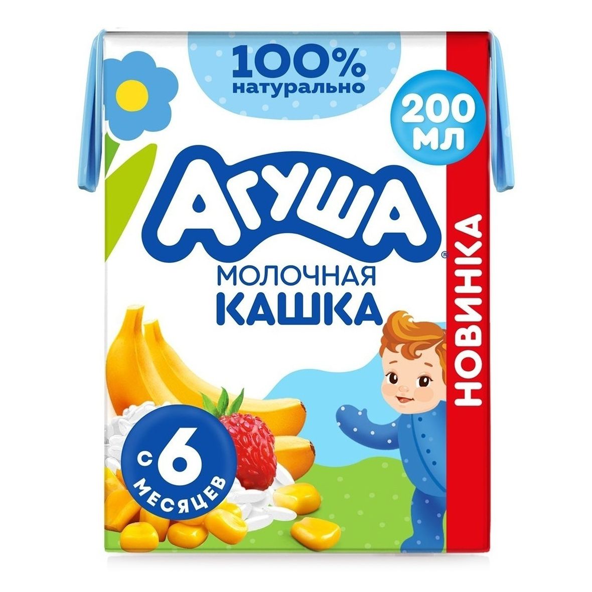 Молочная кашка Агуша, 2%, рисово-кукурузная, банан и земляника, с 6 месяцев, 200 мл