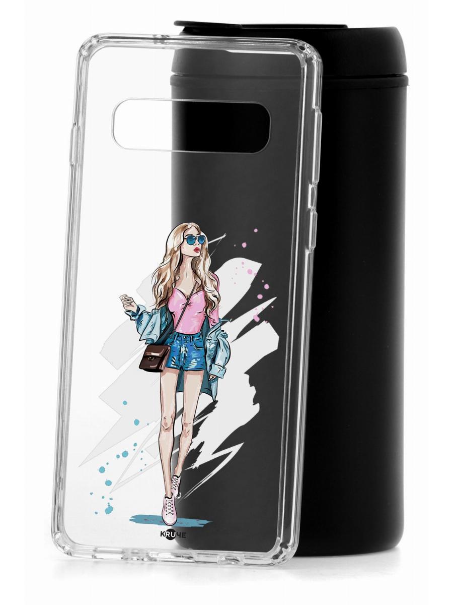 

Чехол на Samsung S10 Kruche Print Fashion Girl,противоударный бампер,с защитой камеры, Прозрачный;розовый;голубой;бежевый, Самсунг Галакси С10