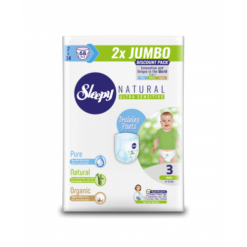 

Трусики SLEEPY NATURAL (3/ Midi 4-9 кг) дв.упак.68шт.