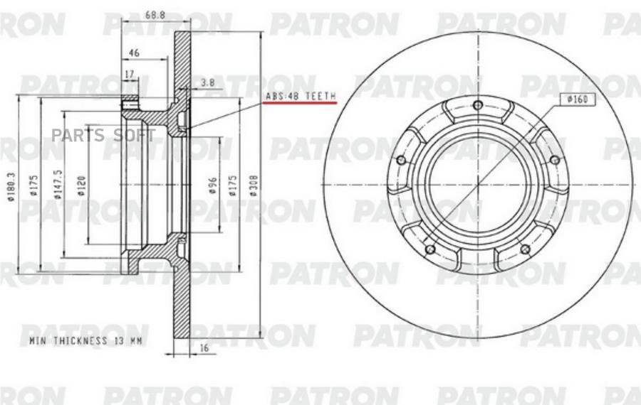 

Диск тормозной задн FORD Transit 12- (D=308 мм!!!) PATRON PBD2928