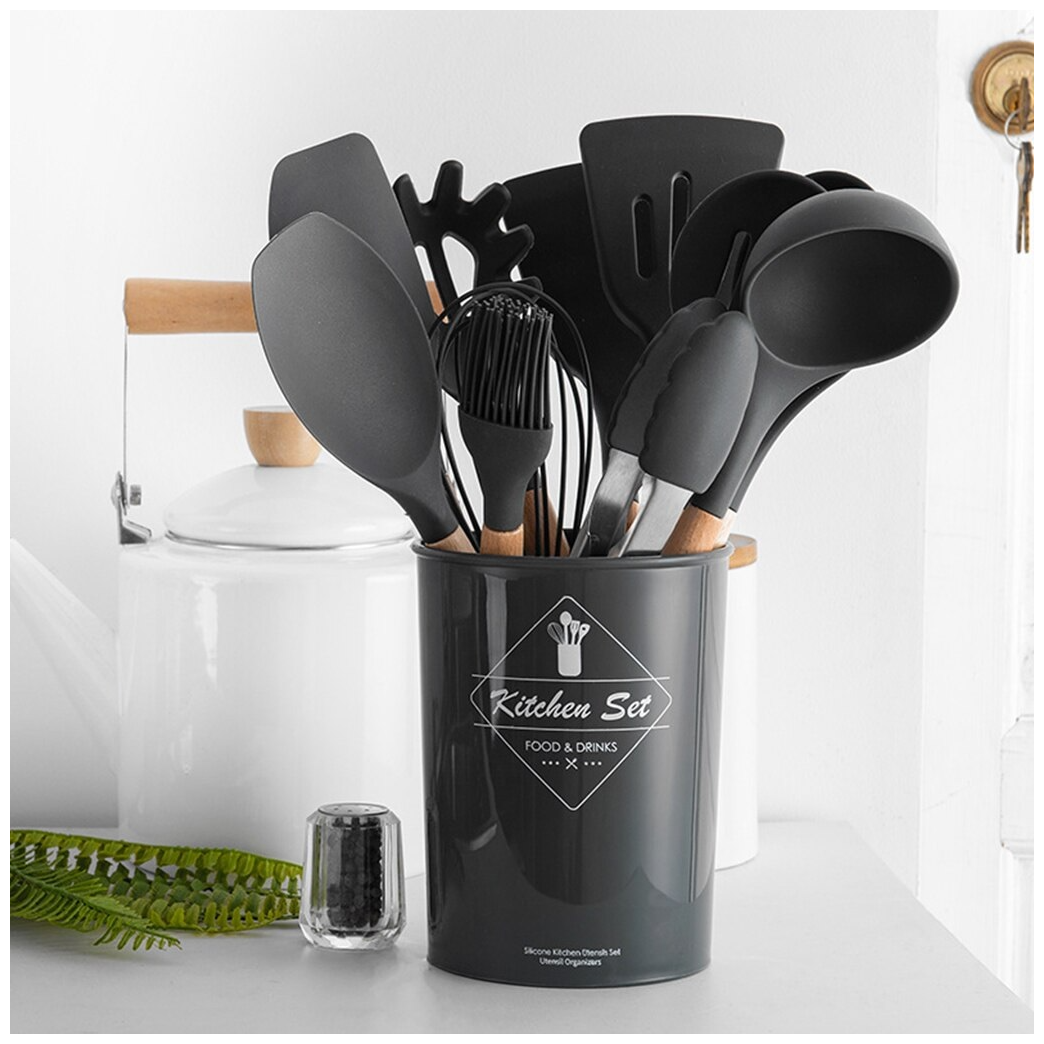 фото Набор кухонных принадлежностей kitchen set, 12 предметов+подставка (темно-серый)