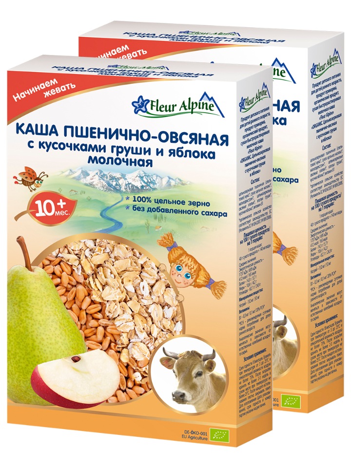 

Каша молочная детская Fleur Alpine ПШЕНИЧ.-ОВС. с кус.груши и яблока,с 10 м,2 шт. по 200г
