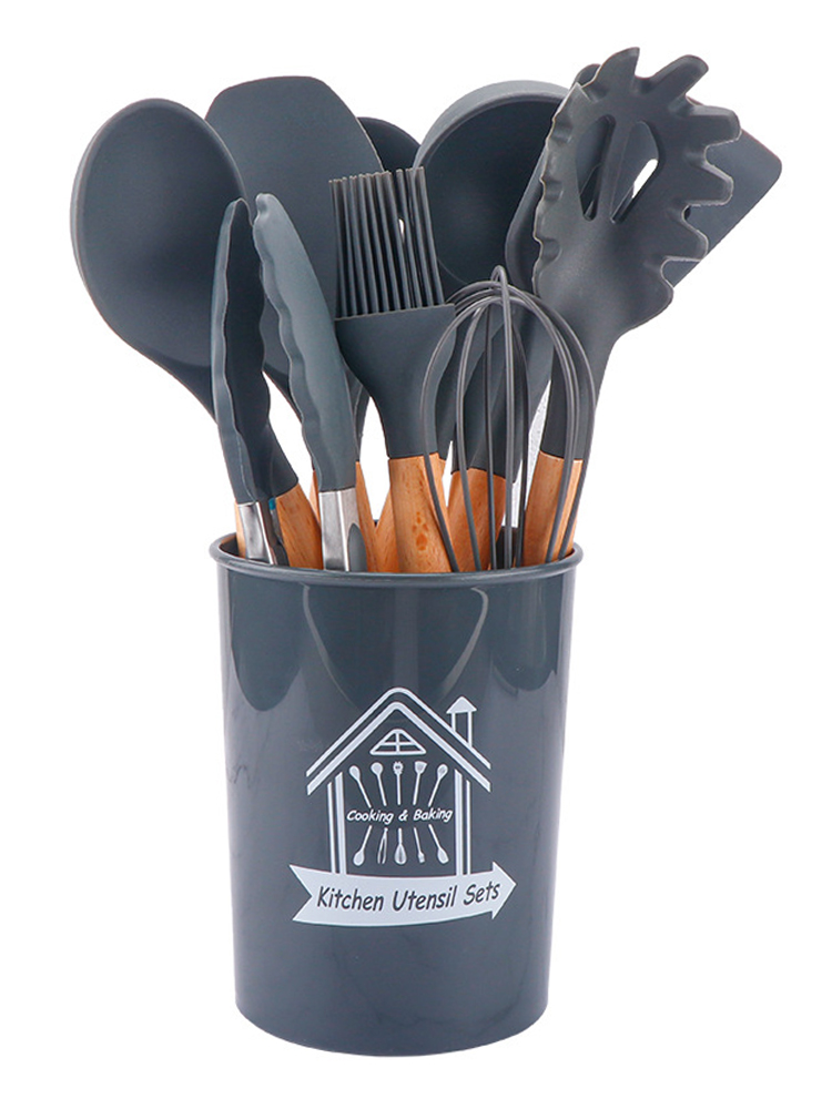 Набор кухонных принадлежностей 11 в 1 нейлоновый с деревянной ручкой, темно-серый, 12 шт