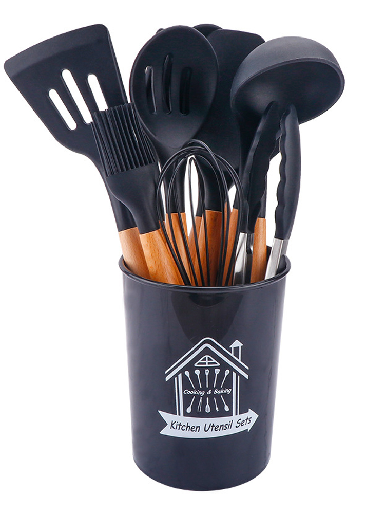 Набор кухонных принадлежностей URM 11 в 1 нейлоновый с деревянной ручкой, черный, 12 шт