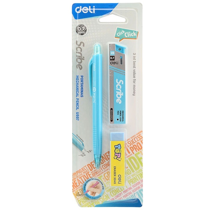 

Deli 0,7 мм, пластиковый корпус, с ластиком, с запасными стержнями, Серый