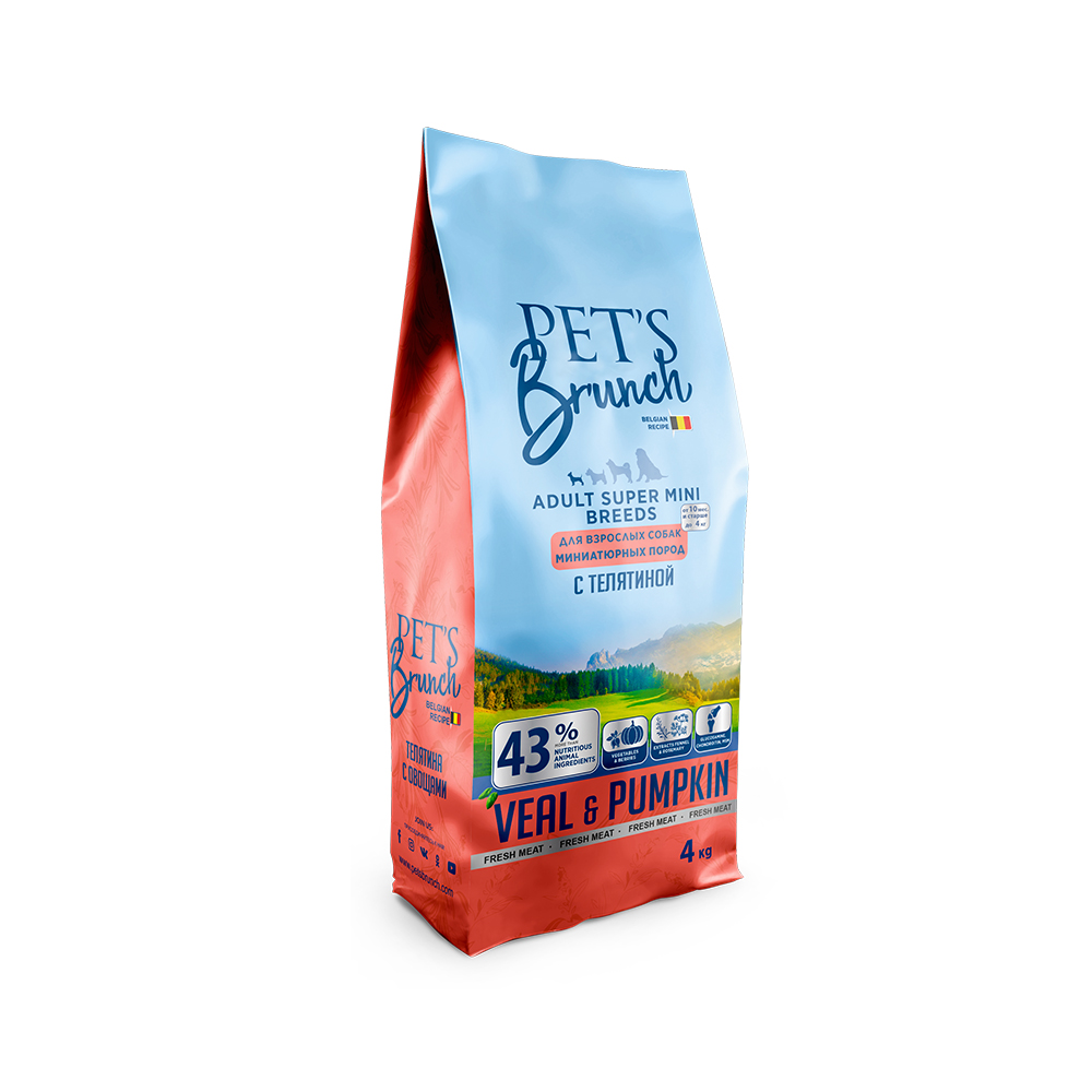 

Сухой корм для собак PET'S BRUNCH Adult Super Mini Breeds, с телятиной, 4 кг