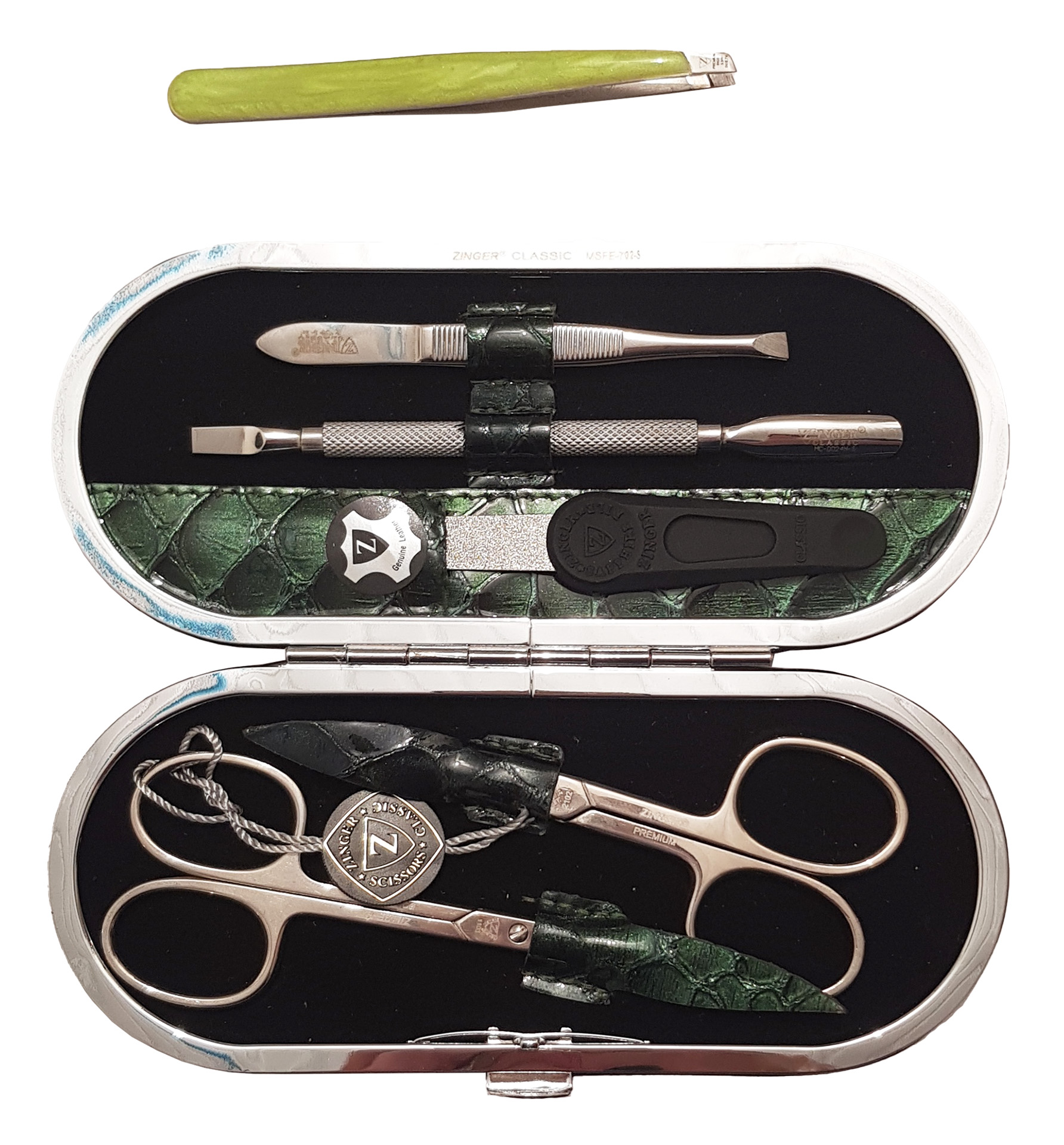 Маникюрный набор Premium-качества Zinger MSFE-702-3 S, 5 предметов + пинцет, тёмно-зелёный zinger пинцет classic apa 47