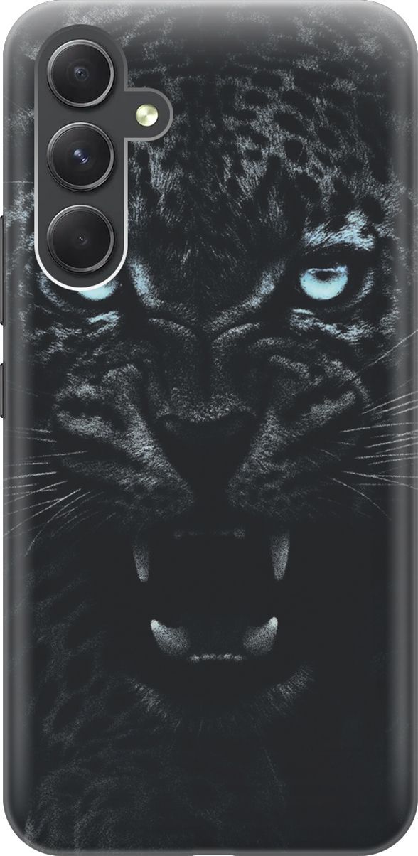 

Силиконовый чехол на Samsung Galaxy A54 5G "Голубоглазая пантера", Голубой;черный, 158757