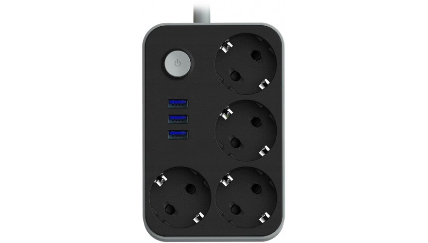 фото Удлинитель lucky hawk 4 power socket black/grey (314) (4 розетки + 3 usb) 3m