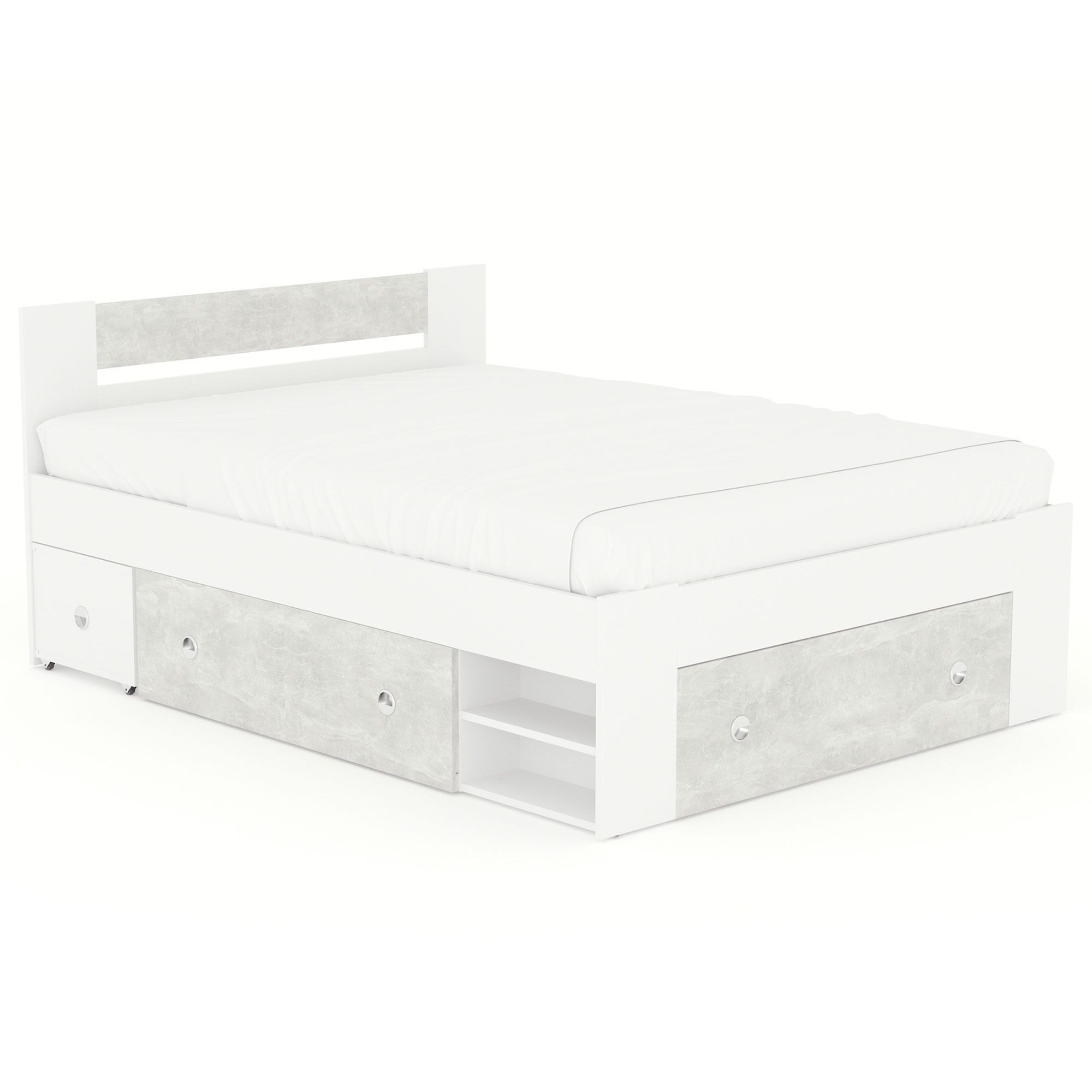 фото Двуспальная кровать beneli стефан, с ящиком для белья, бетон/белый, 140х200 см, 1 шт.