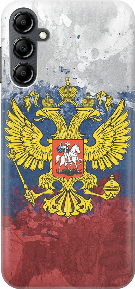 

Силиконовый чехол на Samsung Galaxy A14 "Герб и Флаг РФ", Голубой;желтый, 158794