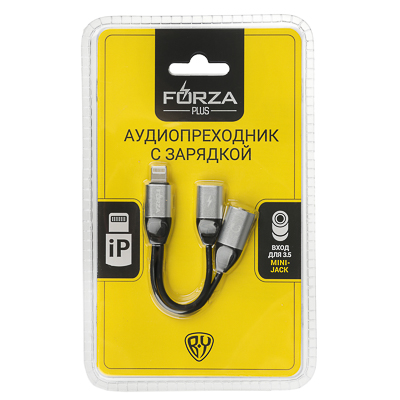 

FORZA Аудио-переходник iP - miniJack 3,5мм, с возможностью зарядки, блистер