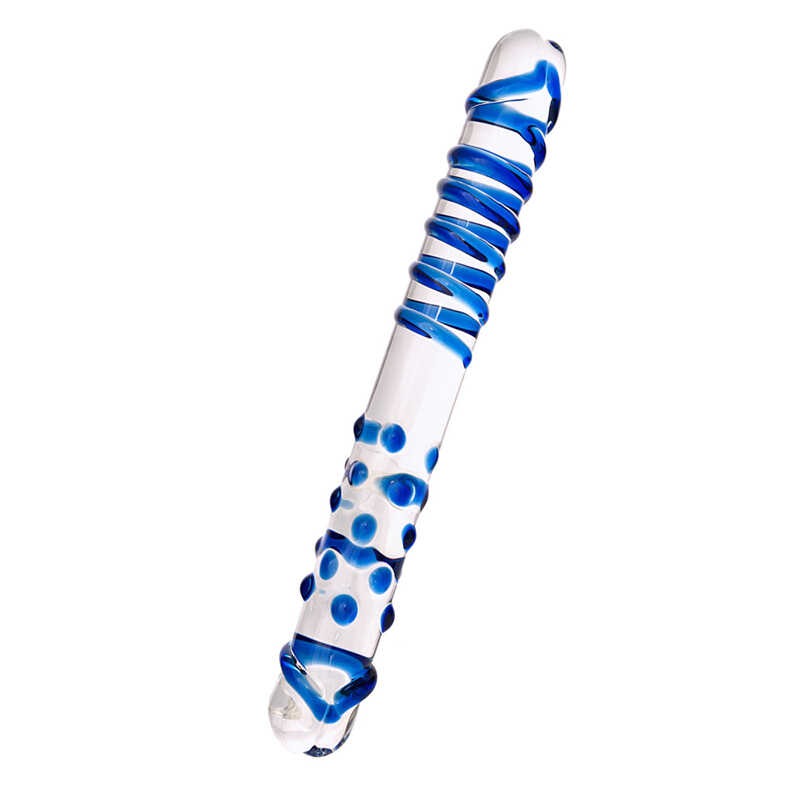 Двусторонний стеклянный фаллоимитатор с рельефом 22 см