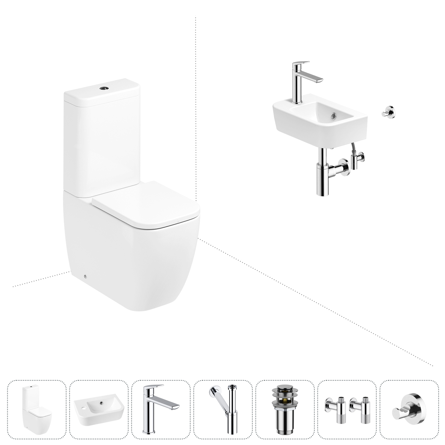 

Напольный унитаз-компакт Lavinia Boho One 202008840 в наборе 7 в 1, Белый, Набор для туалета_One_33022040_левсторонняя раковина_ 7 в 1