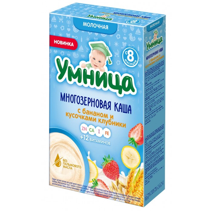 фото Умница - каша молочная многозерновая с бананом и кусочками клубники 200 гр.