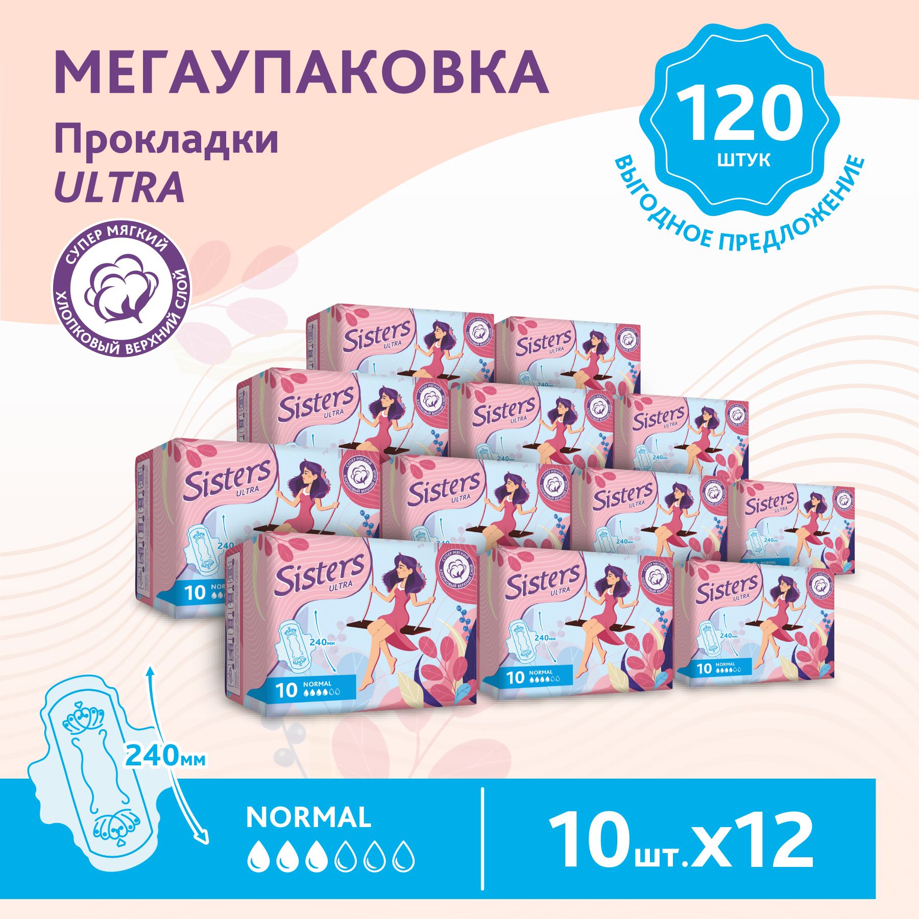 

Прокладки женские гигиенические Sisters Ultra Normal мягкие, 10 х 12шт (120 шт)