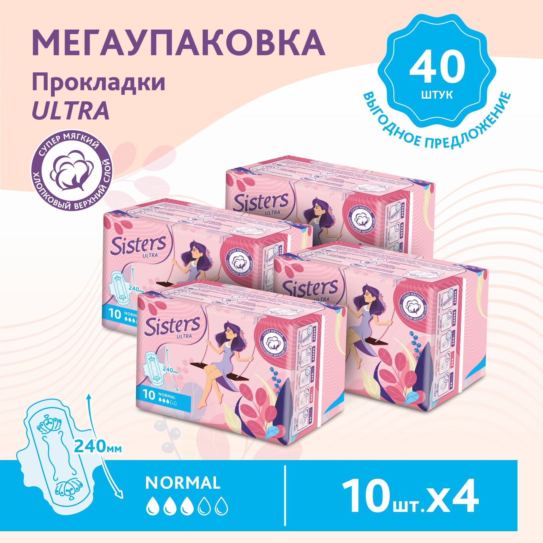 

Прокладки женские гигиенические Sisters Ultra Normal мягкая поверхность, 10 х 4шт (40 шт)