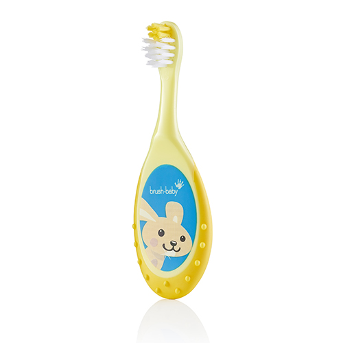 Детская зубная щетка Brush-Baby FlossBrush 0-3 года BRB207 yellow детская зубная паста кao clear clean с мягкими микрогранулами клубника 70 г