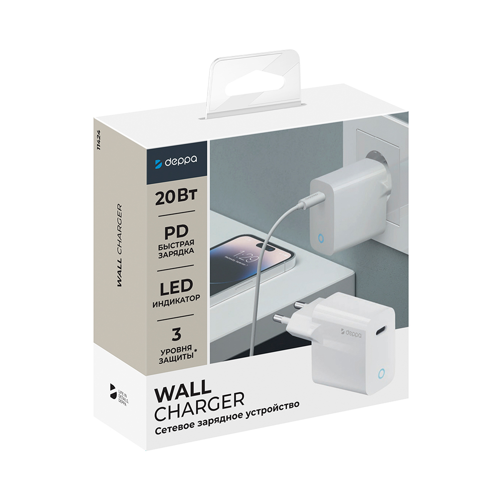 

Сетевое зарядное устройство Deppa 11424 1xUSB Type-C 2 А белый, 11424