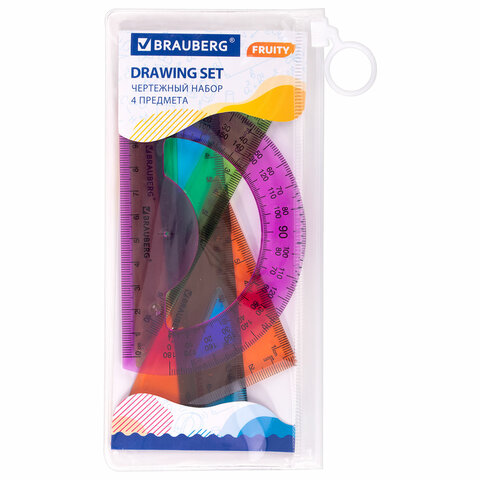 

Набор чертежный малый BRAUBERG FRUITY (линейка 15 см 2 треугольника транспортир) ассорти п, Разноцветный, 932