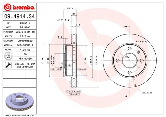 

Тормозной диск brembo 09.4914.34