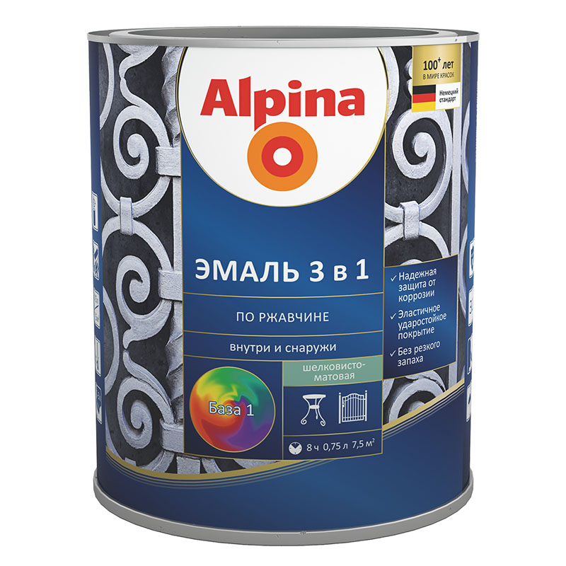 

ALPINA Эмаль алкидно-уретановая по ржавчине 3 в 1, RAL 1015 слоновая кость (2,5л)