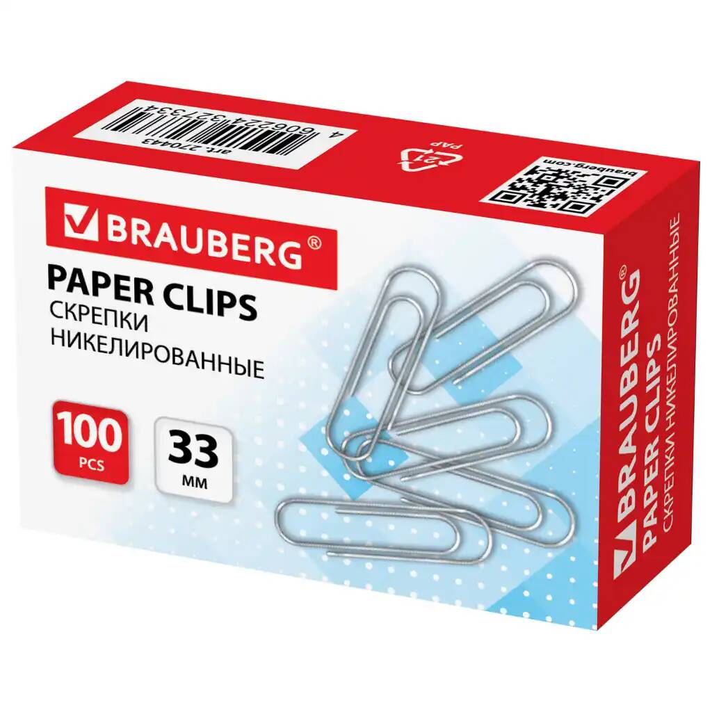 

Скрепки BRAUBERG 33 мм никелированные 100 шт. 20 уп