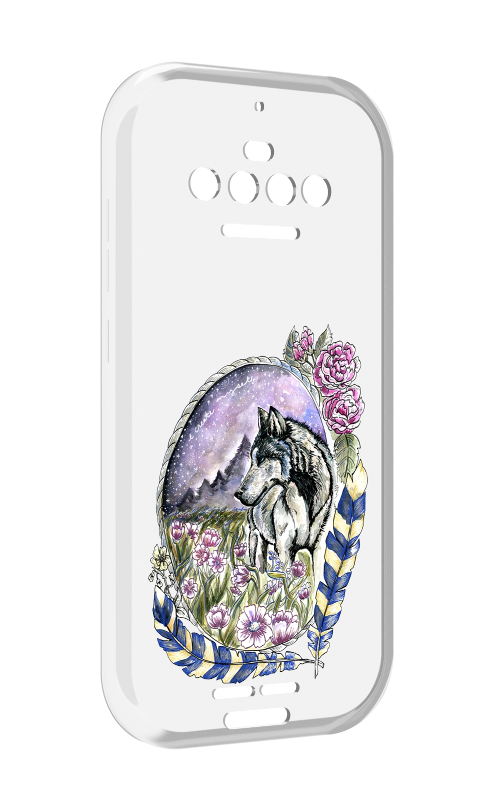 

Чехол MyPads нарисованный волк в цветах с перьями для Oukitel F150 R2022, Прозрачный, Tocco