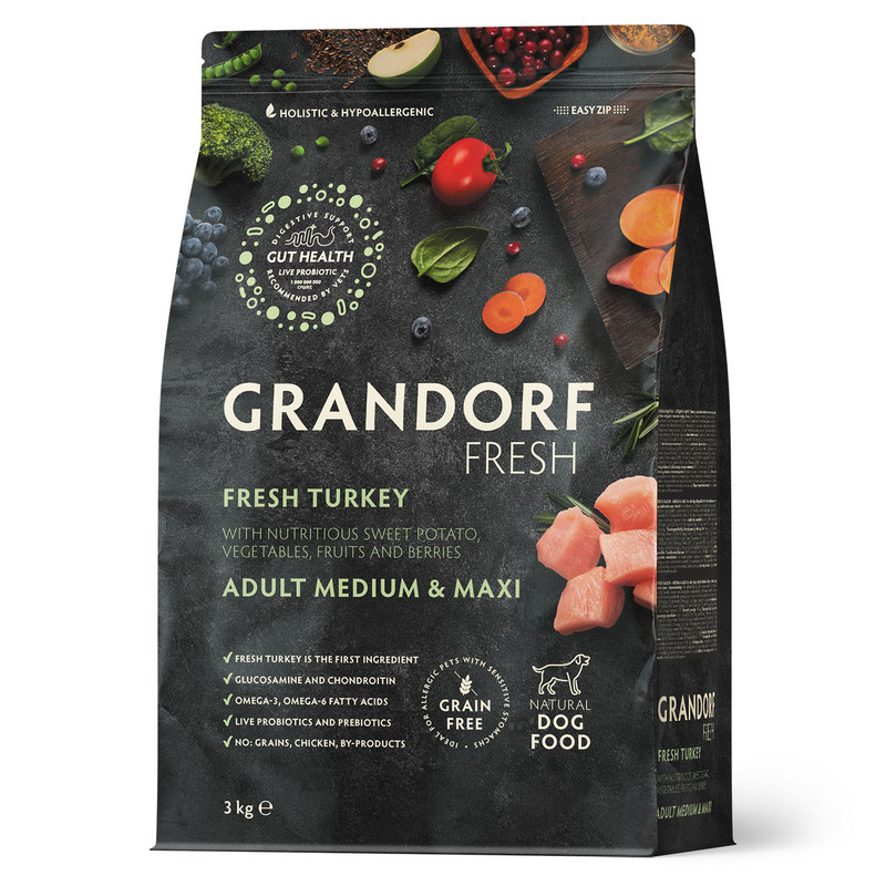 

Сухой корм для собак GRANDORF Fresh, средние, крупные породы, индейка, батат, 3 кг