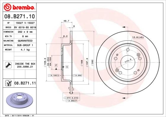 

Тормозной диск brembo задний 282x9 5 отверстий 08B27111