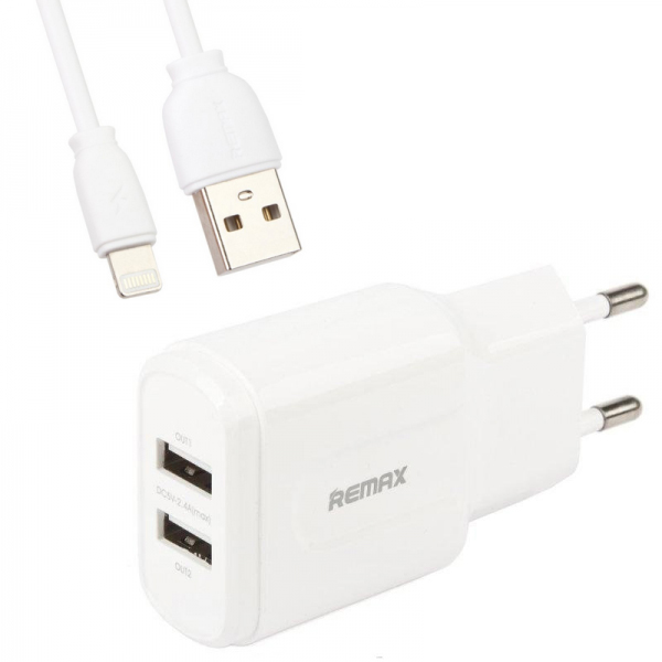 фото Сетевое зарядное устройство usb remax rp-u22 (2 порта/2,4a) + кабель lightning <белый>