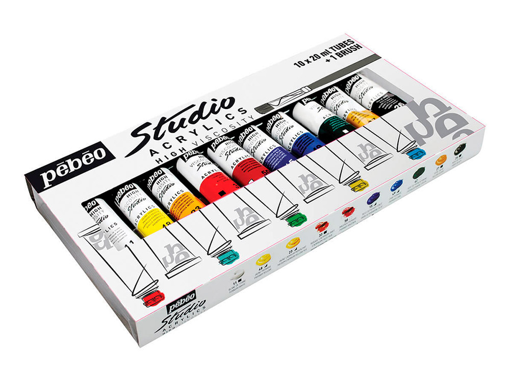 

Краски Pebeo акриловые 10 цветов набор Studio Acrylics с кистью 20 мл, Разноцветный