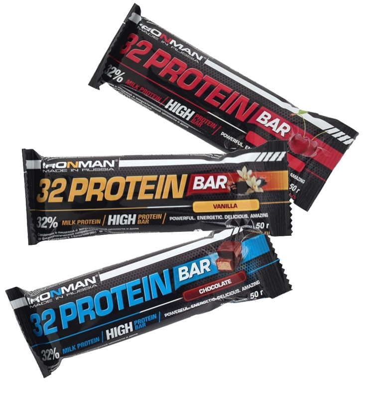 фото Протеиновый батончик ironman 32% protein bar ассорти 9х50г (ваниль, фрукты, шоколад)