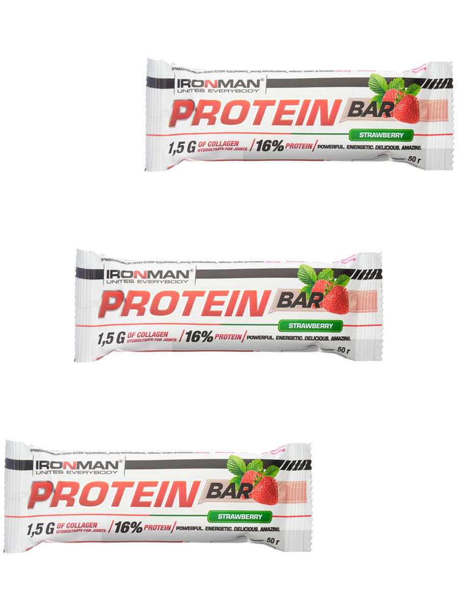 Протеиновые батончики Ironman Protein bar с коллагеном клубника в шоколаде , 3 шт по 50 г