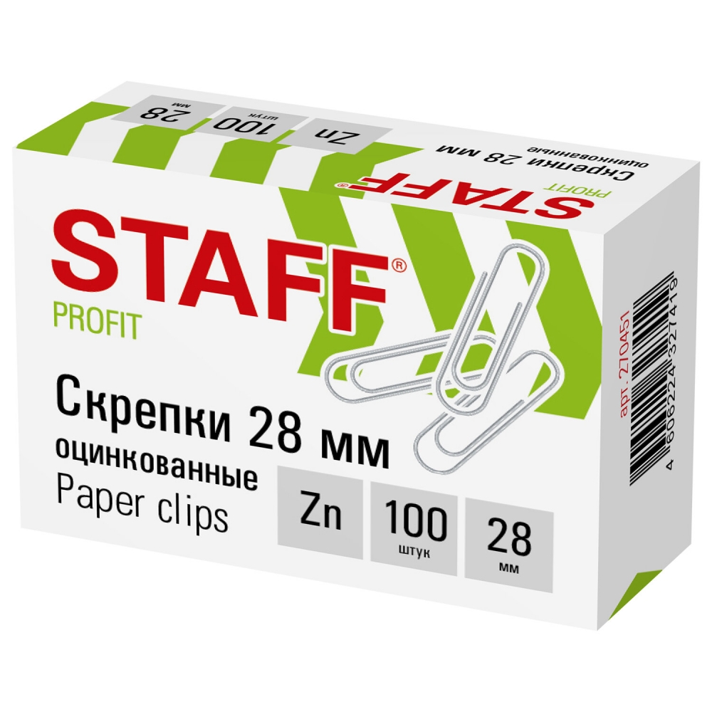 Скрепки STAFF, 28 мм, оцинкованные, 100 шт., 30 уп 30 шт