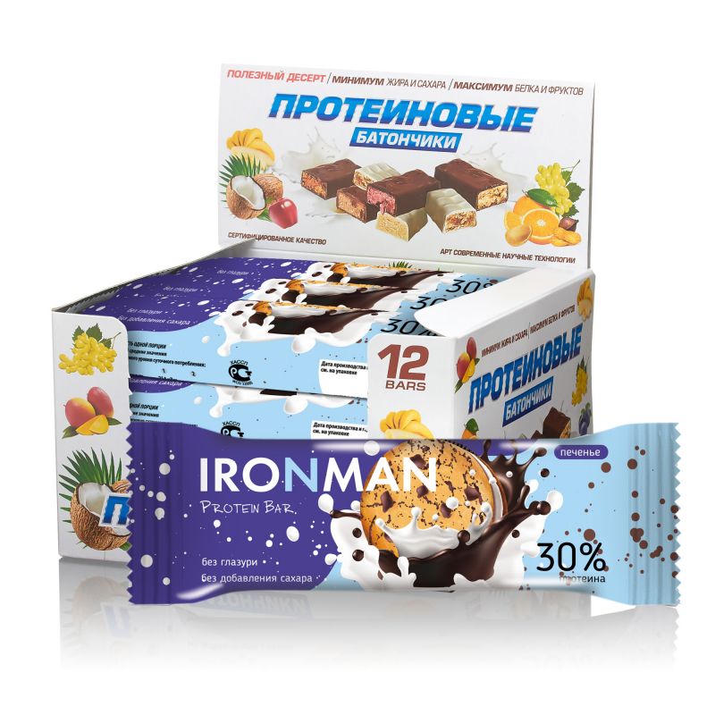 фото Протеиновый батончик ironman 30% protein bar без сахара (печенье) 6х50г