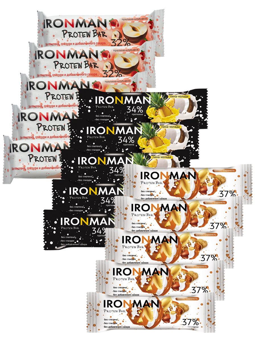 

Ironman 32-37% Protein bar без сахара, Ассорти 15х50г (Арахис, Клубника, Пина-Колада)