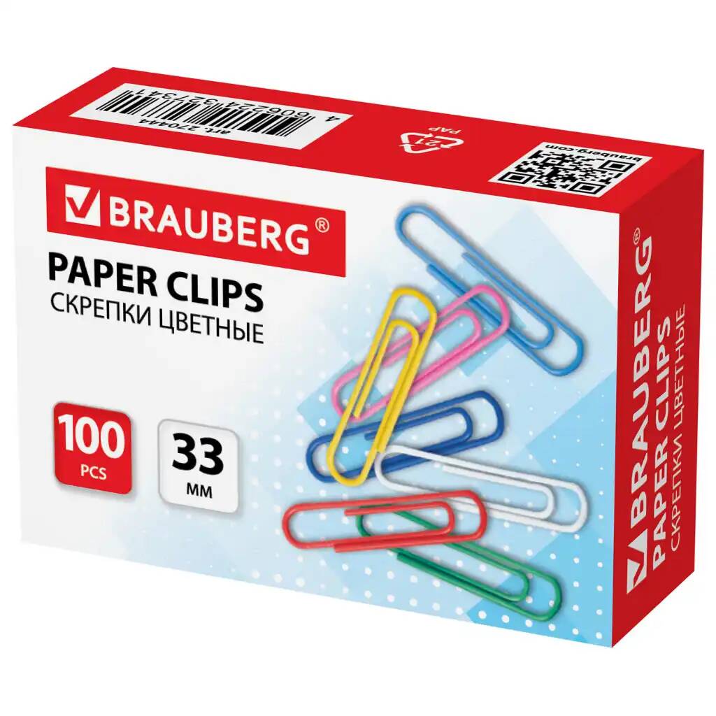

Скрепки BRAUBERG 33 мм цветные 100 шт. 20 уп