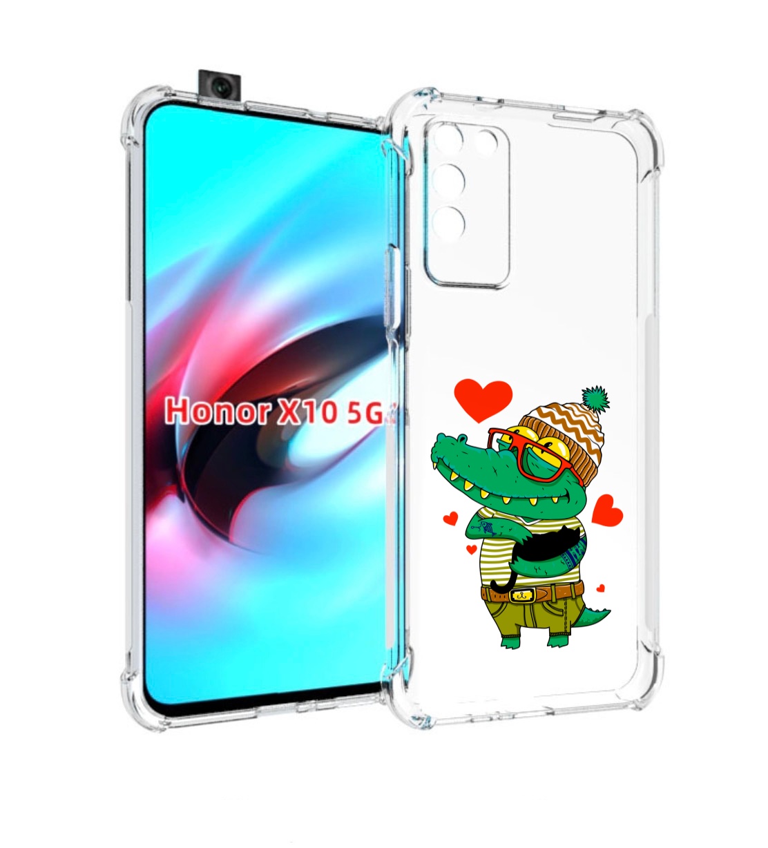 Чехол MyPads зеленый-крокодильчик-в-красной-оправе для Honor X10