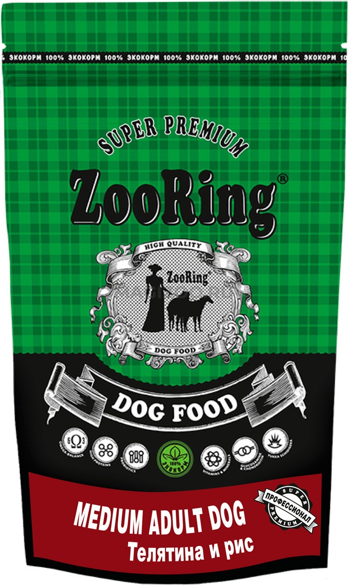 Сухой корм для собак ZooRing MEDIUM ADULT DOG , с телятиной и рисом, 2кг
