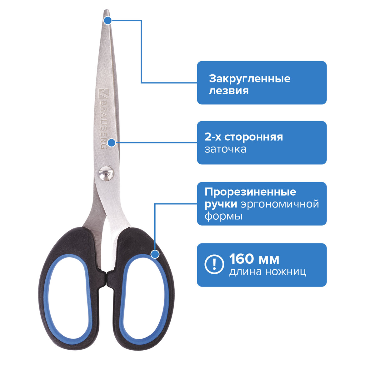 Ножницы канцелярские Brauberg Classic 236447 160 мм резиновые вставки черно-синие 573₽