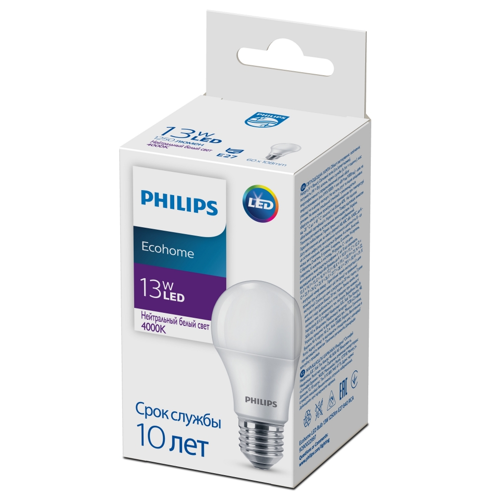 фото Светодиодная лампа e27 13w 4000к (белый) a60 ecohome philips (б0054103)