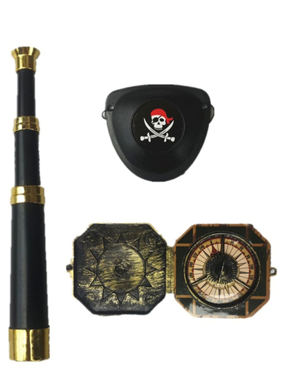 Игровой набор  карнавальный аксессуар  реквизит Пират 3 в 1 труба, повязка, компас повязка труба onlitop
