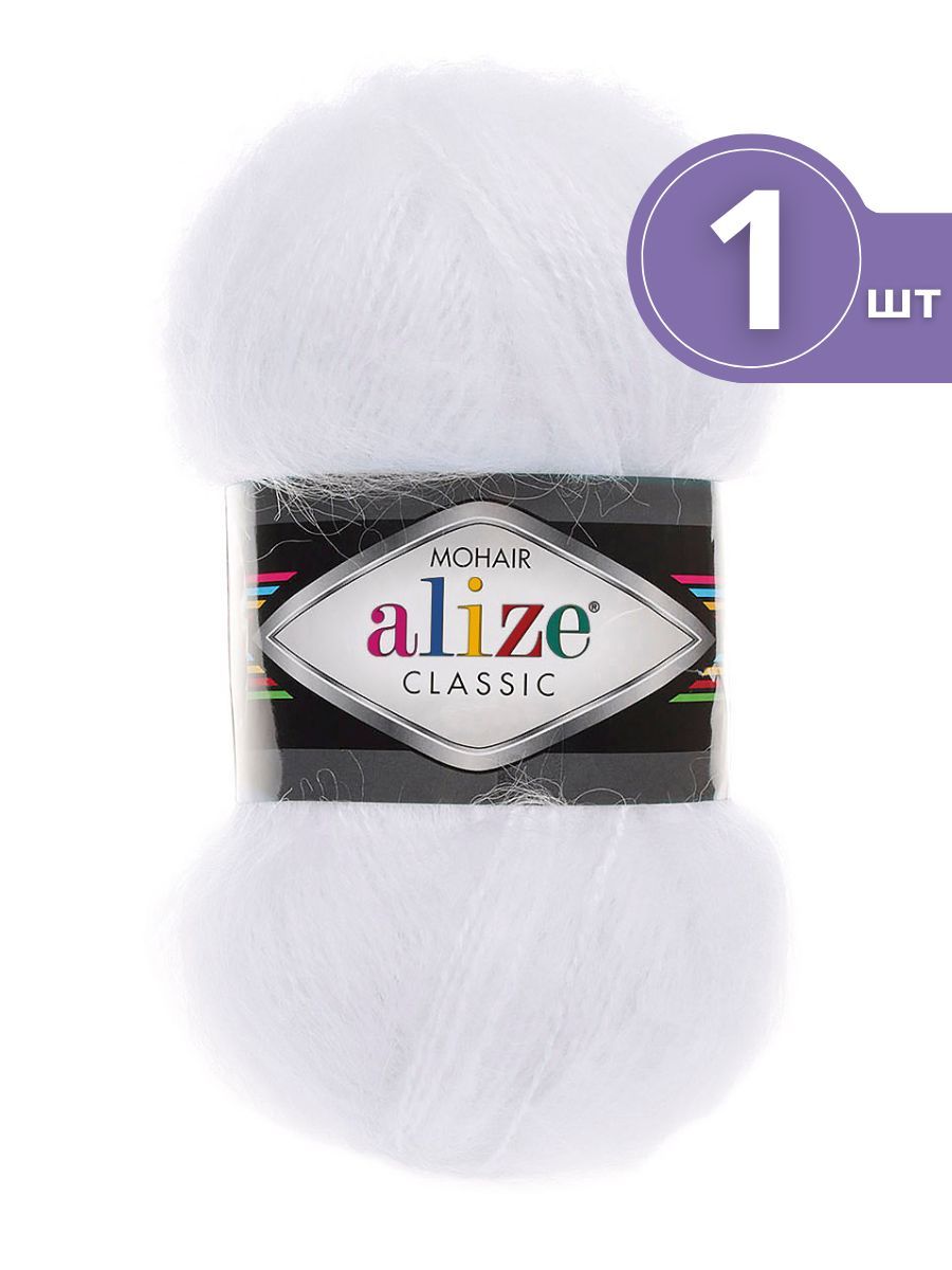 

Пряжа Alize Mohair Classic New Мохер Классик Нью 1 моток 55 белый 200м/100г