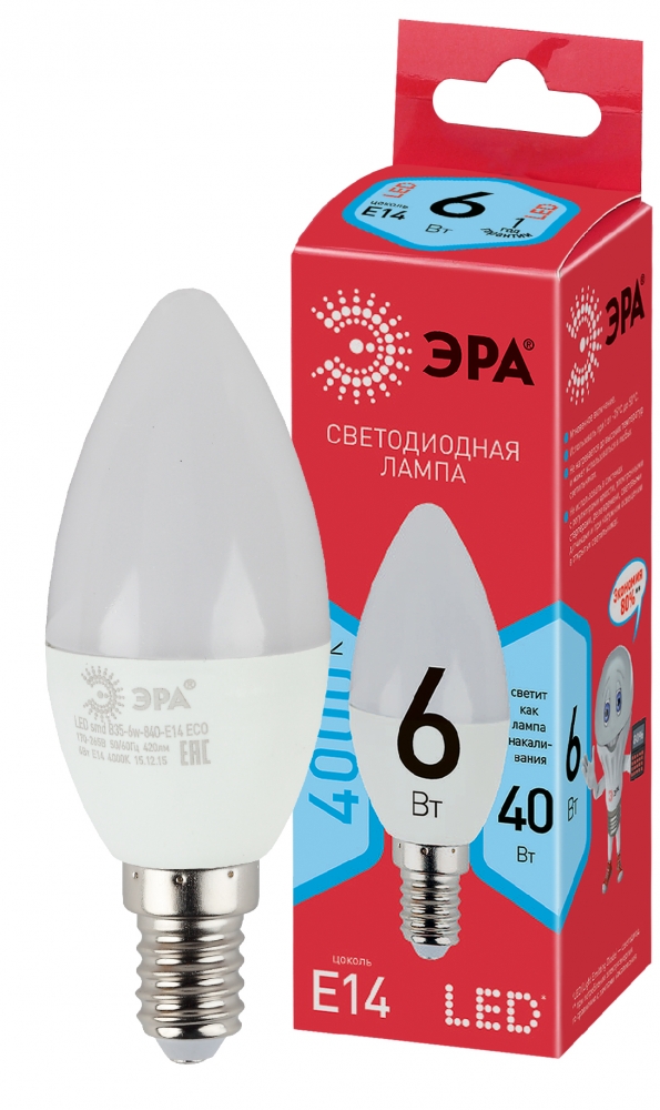 Лампочка светодиодная ЭРА RED LINE LED B35-6W-840-E14 R E14 / Е14 6 Вт свеча, Б0051057  - Купить
